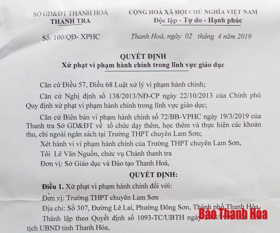 Vi phạm hành chính, Trường THPT Chuyên Lam Sơn bị phạt 32 triệu đồng