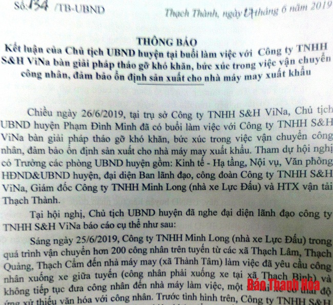 Huyện Thạch Thành: Tăng cường tuần tra, kiểm soát việc vận chuyển công nhân đối với các nhà xe