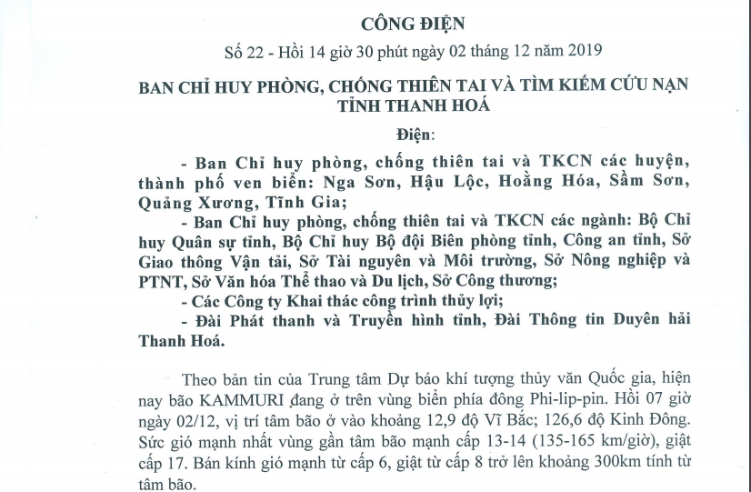 Ban Chỉ huy PCTT và TKCN tỉnh Thanh Hóa ra công điện ứng phó với bão Kammuri