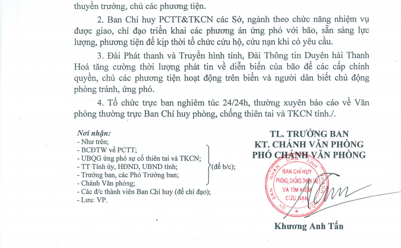 Ban Chỉ huy PCTT và TKCN tỉnh Thanh Hóa ra công điện ứng phó với bão Kammuri