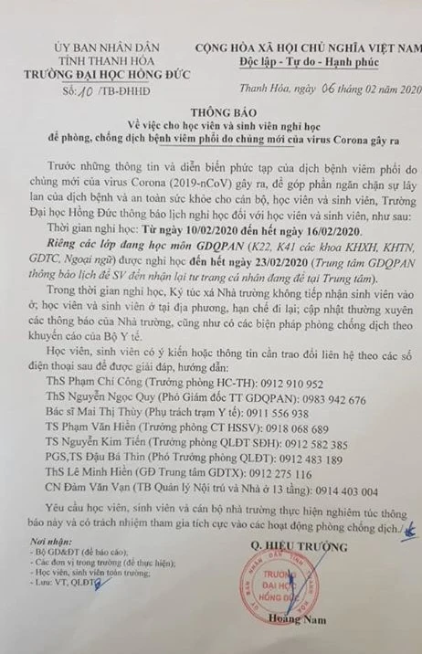 Sinh viên Trường ĐH Hồng Đức tiếp tục nghỉ thêm 1 tuần để phòng, chống dịch Corona