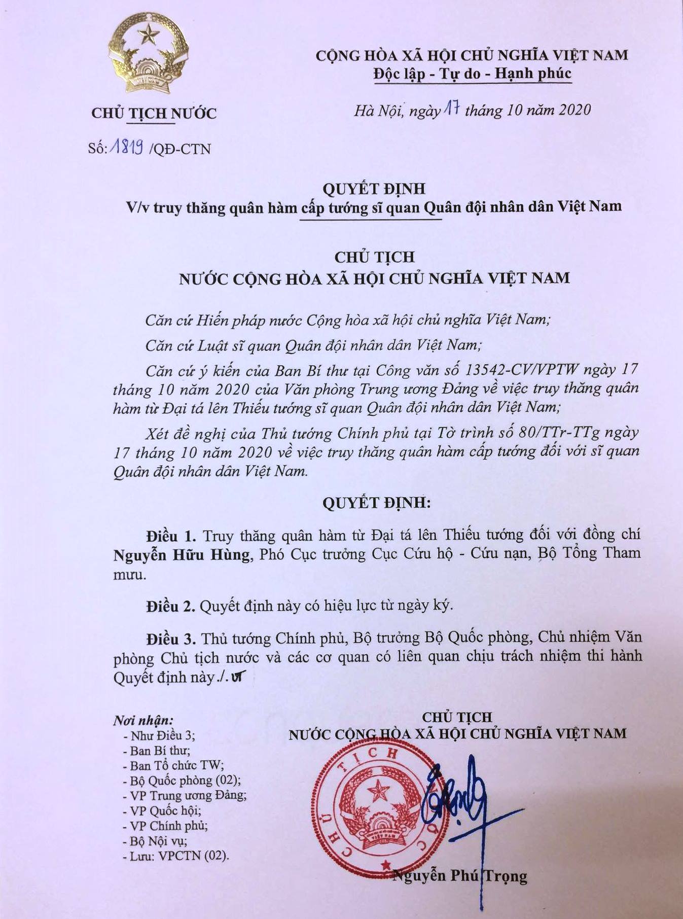 Chủ tịch nước quyết định truy thăng quân hàm cấp tướng và truy tặng Huân Chương Bảo vệ Tổ quốc