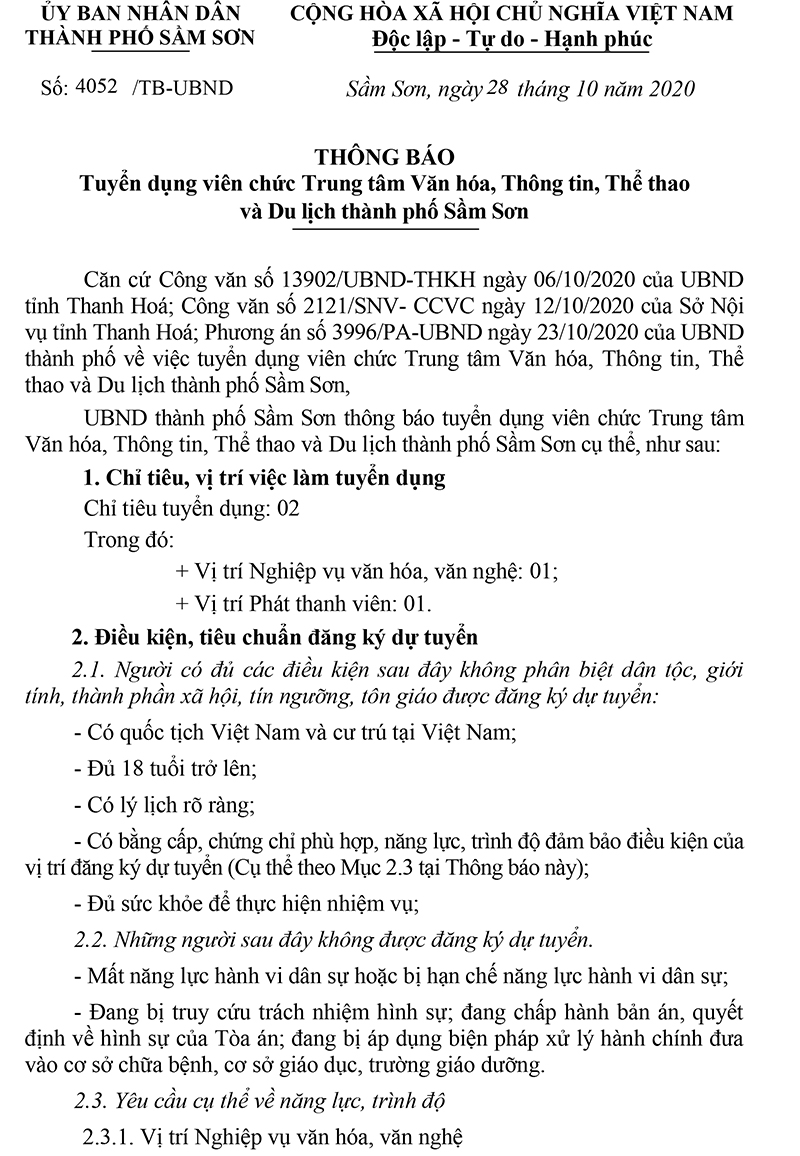 TP Sầm Sơn tuyển dụng viên chức Trung tâm Văn hóa, Thông tin, Thể thao và Du lịch thành phố Sầm Sơn