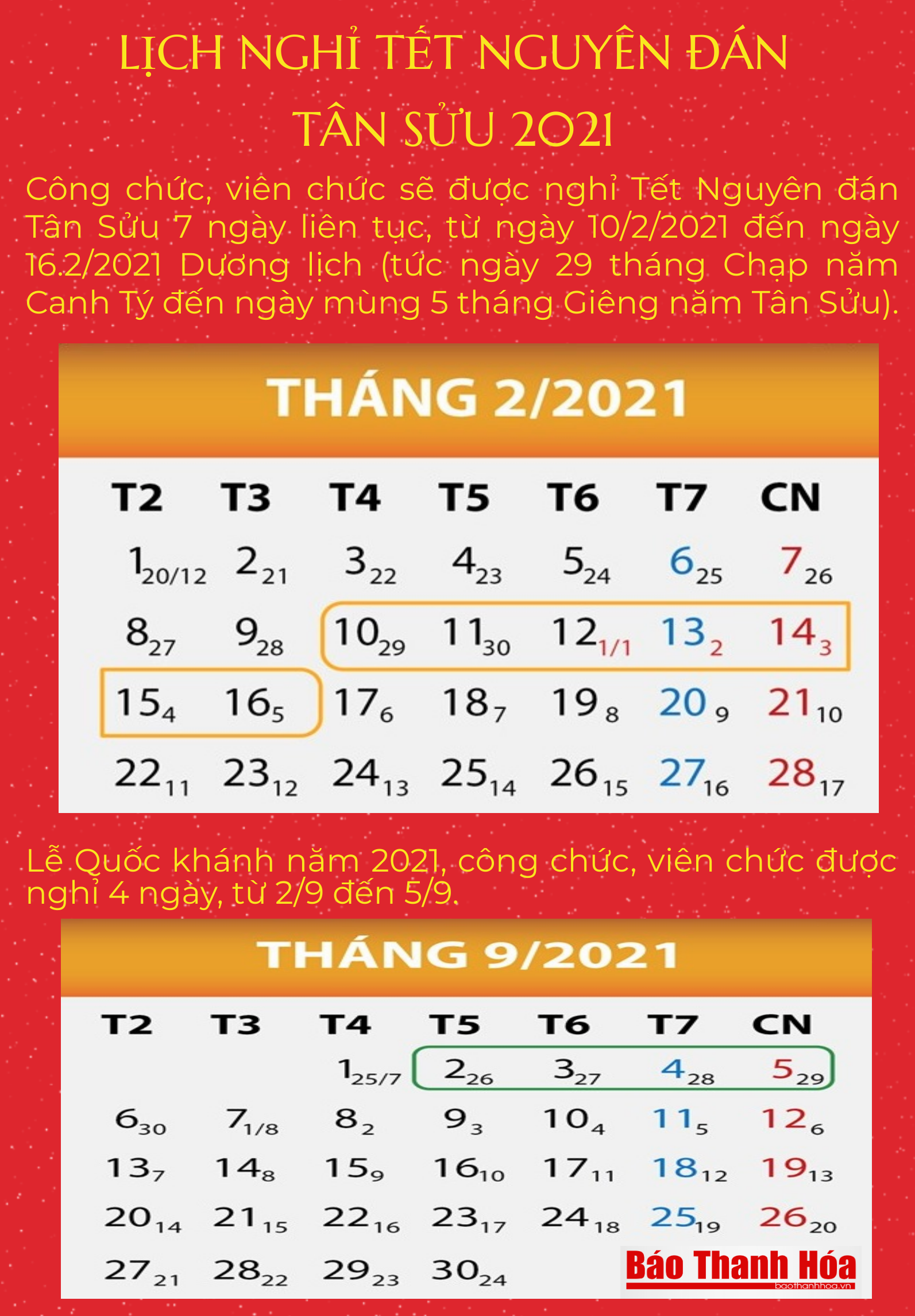 Lịch nghỉ Tết Nguyên đán Tân Sửu 2021