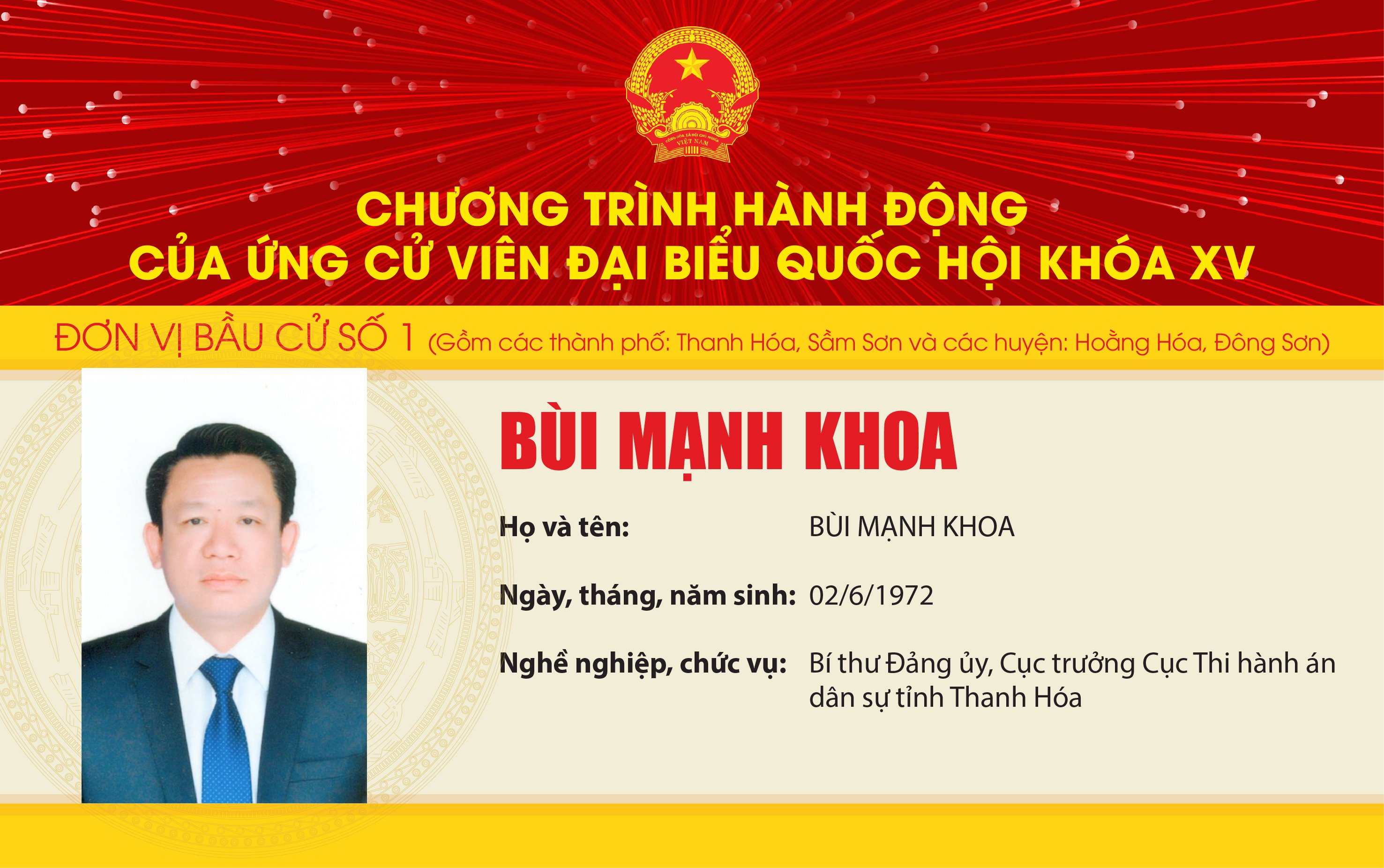 Chương trình hành động của Ứng cử viên Đại biểu Quốc hội khóa XV Bùi Mạnh Khoa - Đơn vị bầu cử số 1