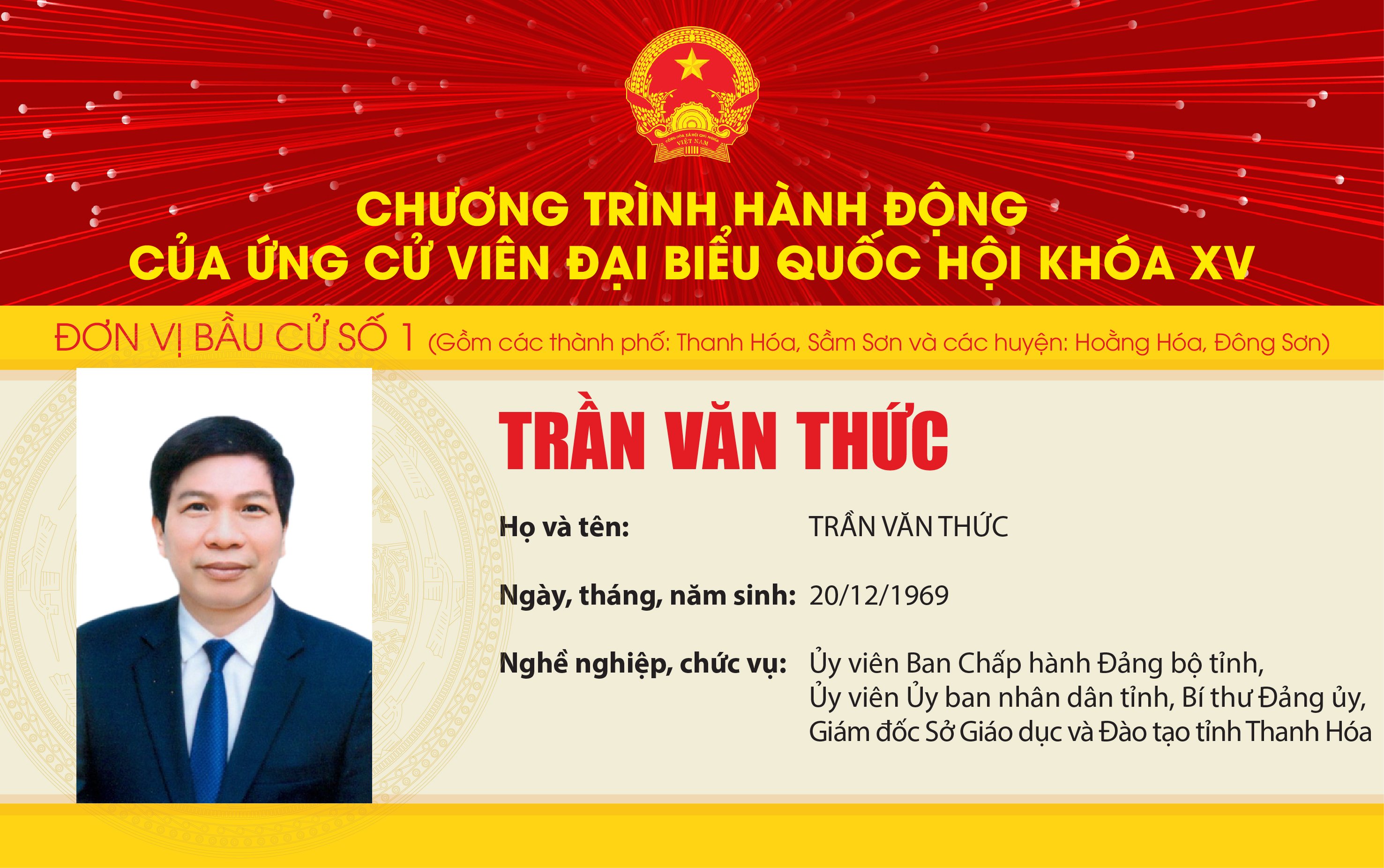 Chương trình hành động của Ứng cử viên Đại biểu Quốc hội khóa XV Trần Văn Thức - Đơn vị bầu cử số 1