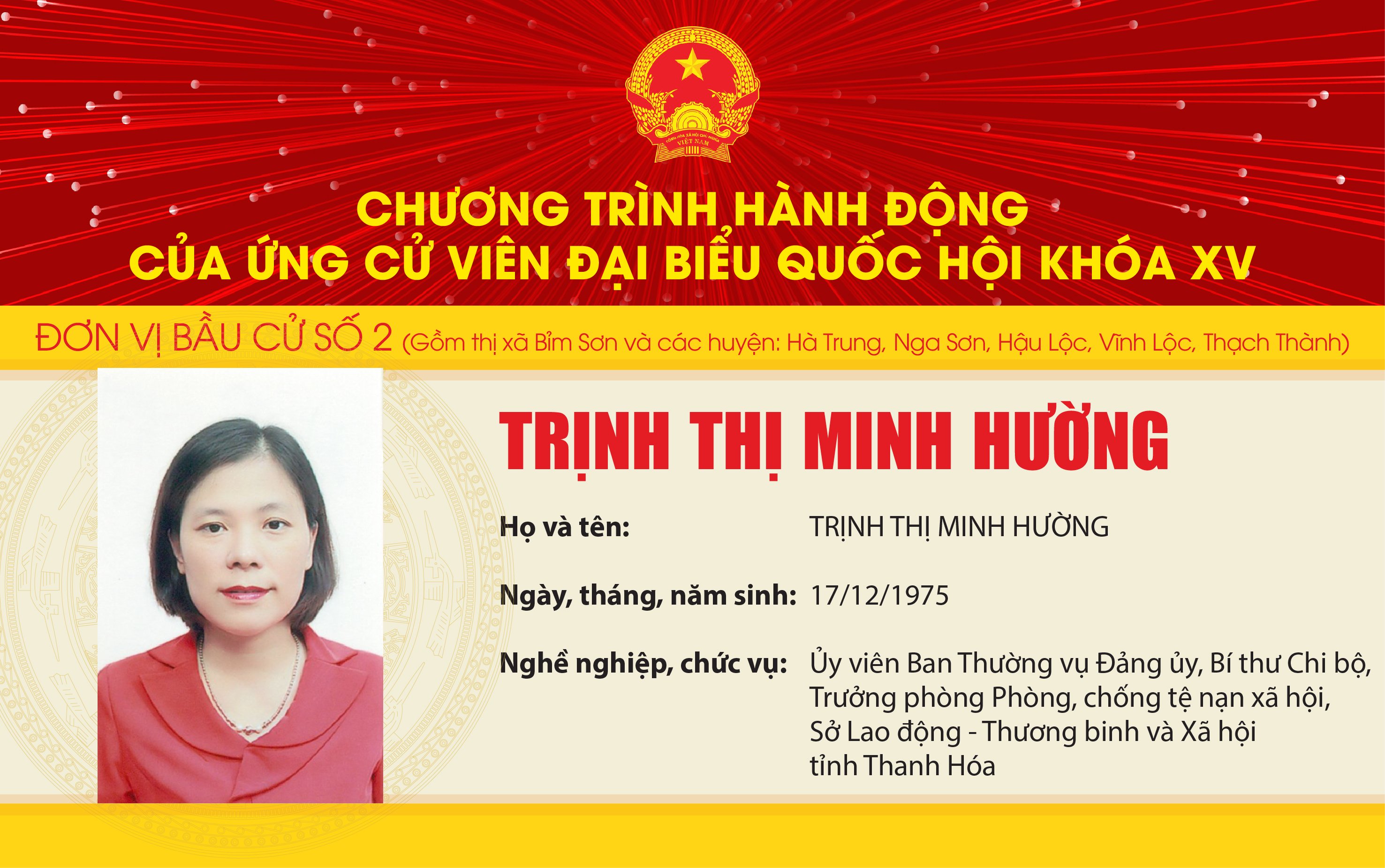 Chương trình hành động của Ứng cử viên Đại biểu Quốc hội khóa XV Trịnh Thị Minh Hường - Đơn vị bầu cử số 2