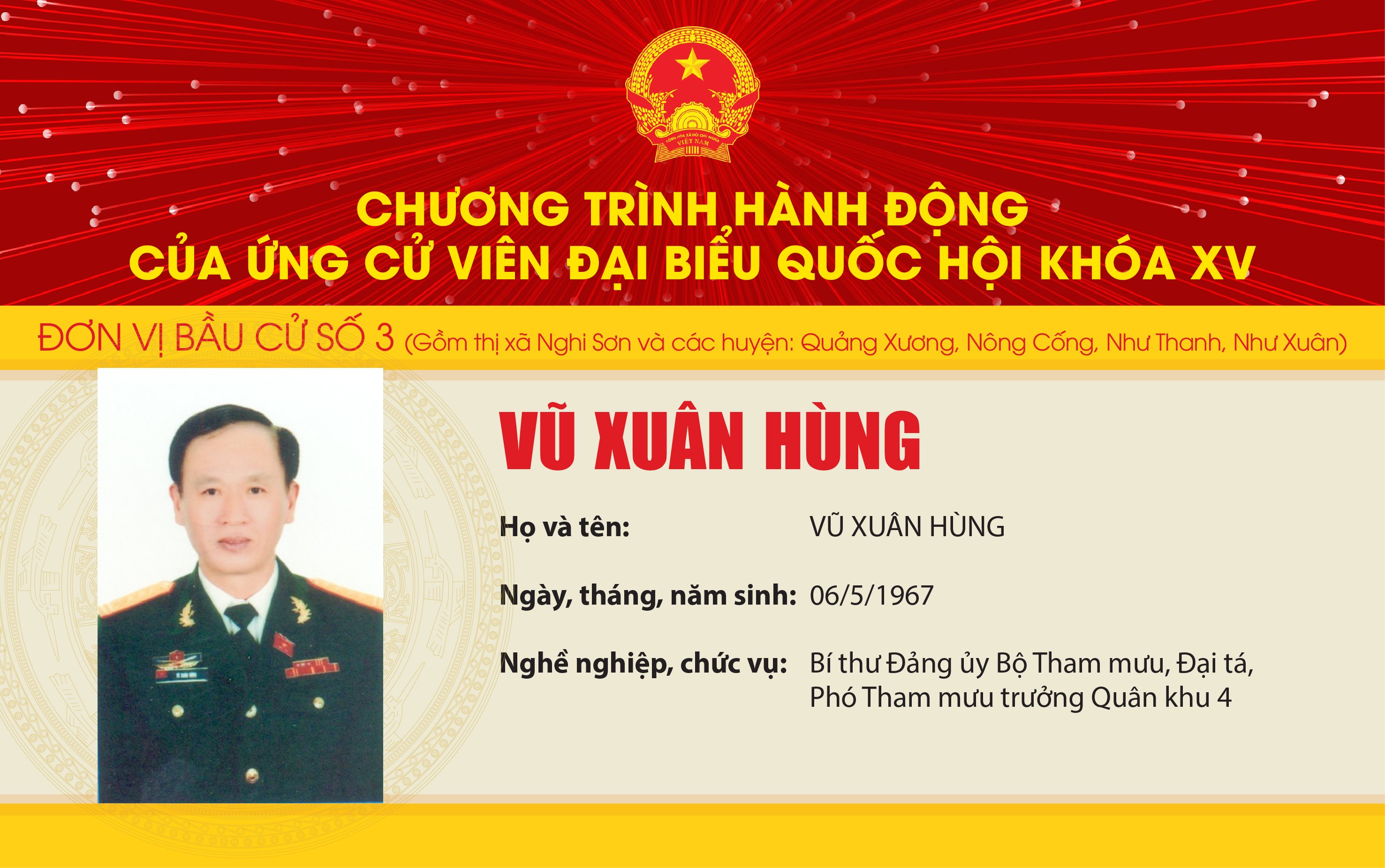 Chương trình hành động của Ứng cử viên Đại biểu Quốc hội khóa XV Vũ Xuân Hùng - Đơn vị bầu cử số 3