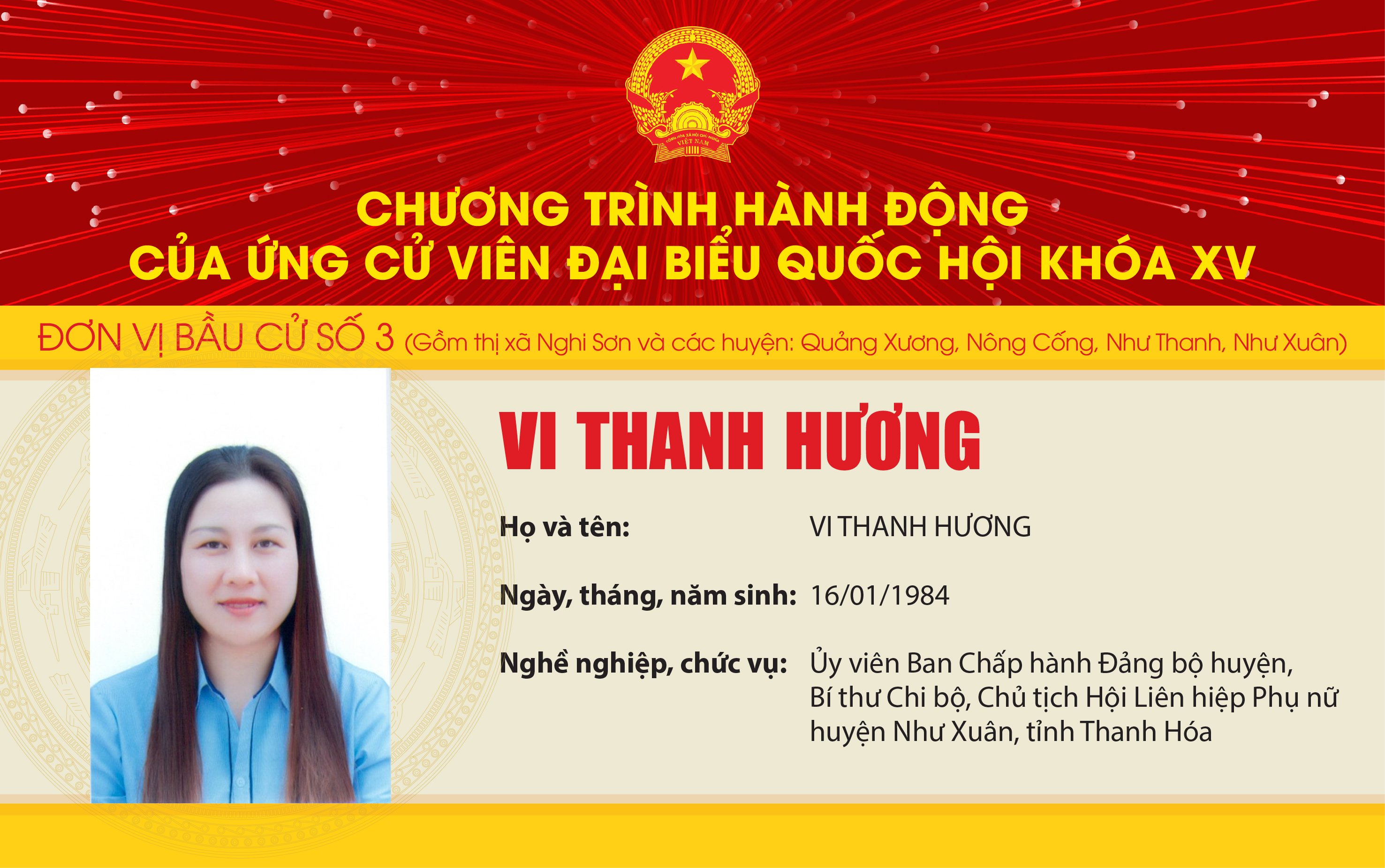 Chương trình hành động của Ứng cử viên Đại biểu Quốc hội khóa XV Vi Thanh Hương - Đơn vị bầu cử số 3