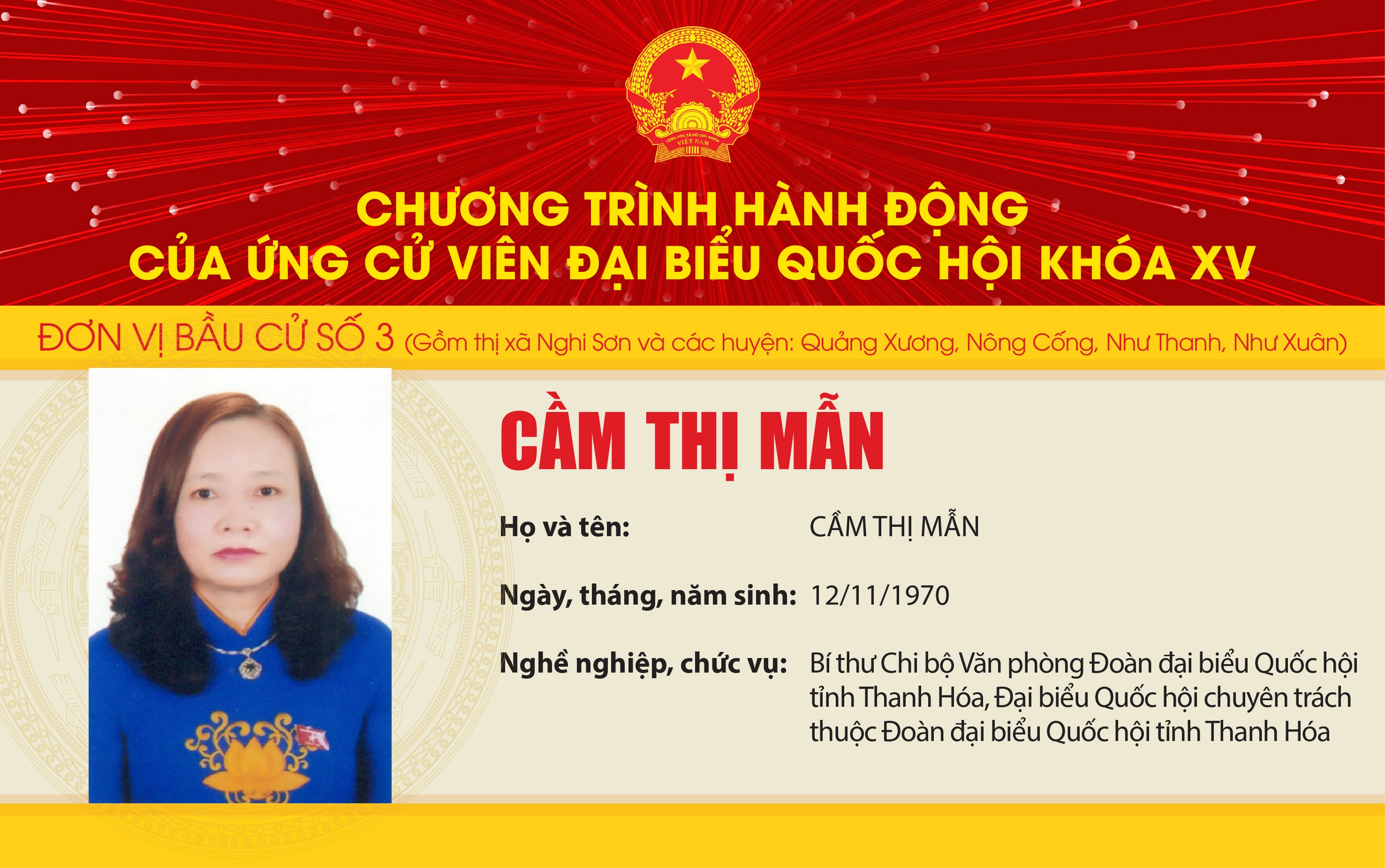 Chương trình hành động link đăng nhập m88 Ứng cử viên Đại biểu Quốc hội khóa XV Cầm Thị Mẫn - Đơn vị bầu cử số 3