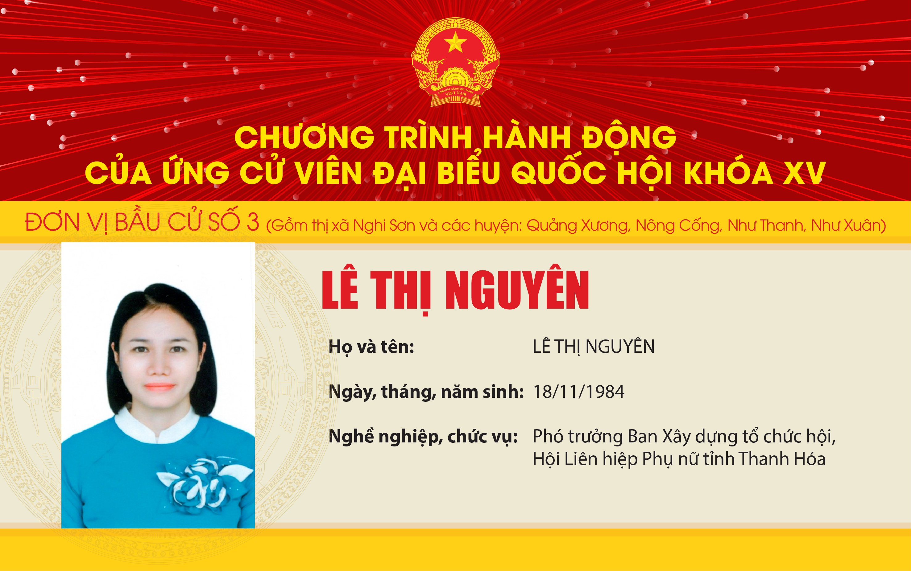 Chương trình hành động của Ứng cử viên Đại biểu Quốc hội khóa XV Lê Thị Nguyên - Đơn vị bầu cử số 3