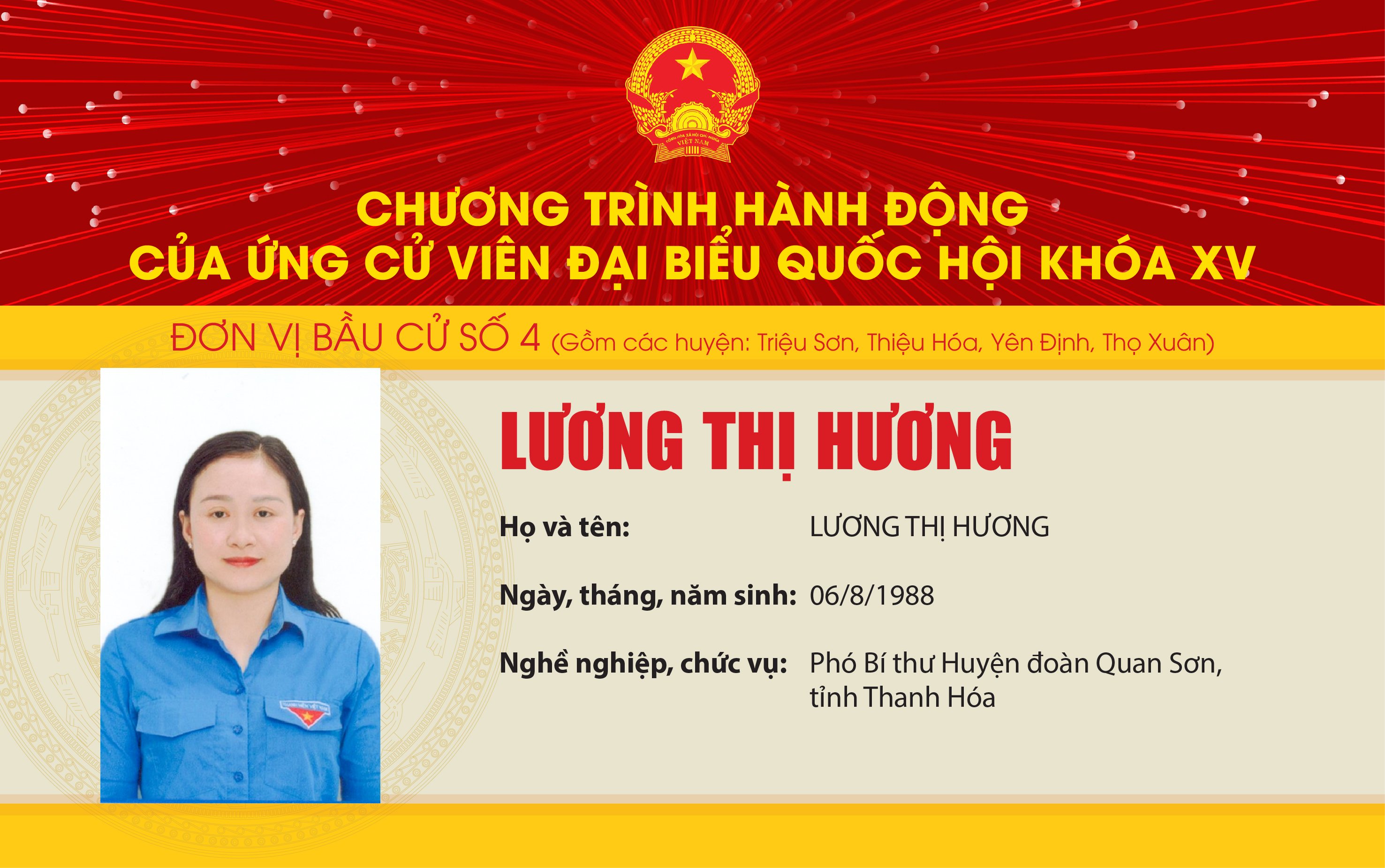 Chương trình hành động của Ứng cử viên Đại biểu Quốc hội khóa XV Lương Thị Hương - Đơn vị bầu cử số 4