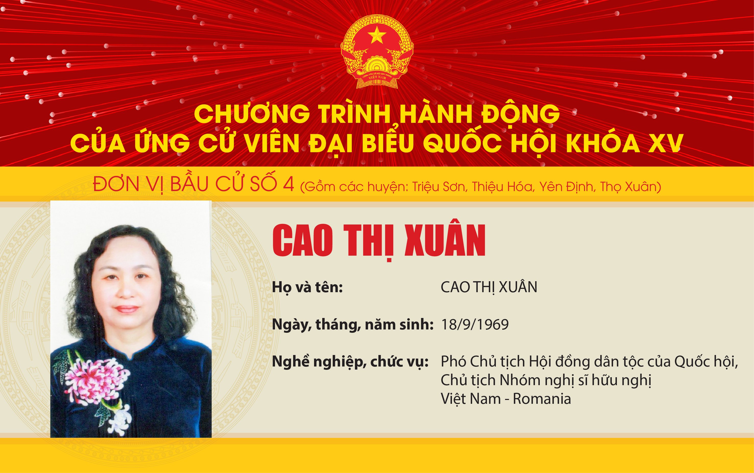 Chương trình hành động của Ứng cử viên Đại biểu Quốc hội khóa XV Cao Thị Xuân - Đơn vị bầu cử số 4