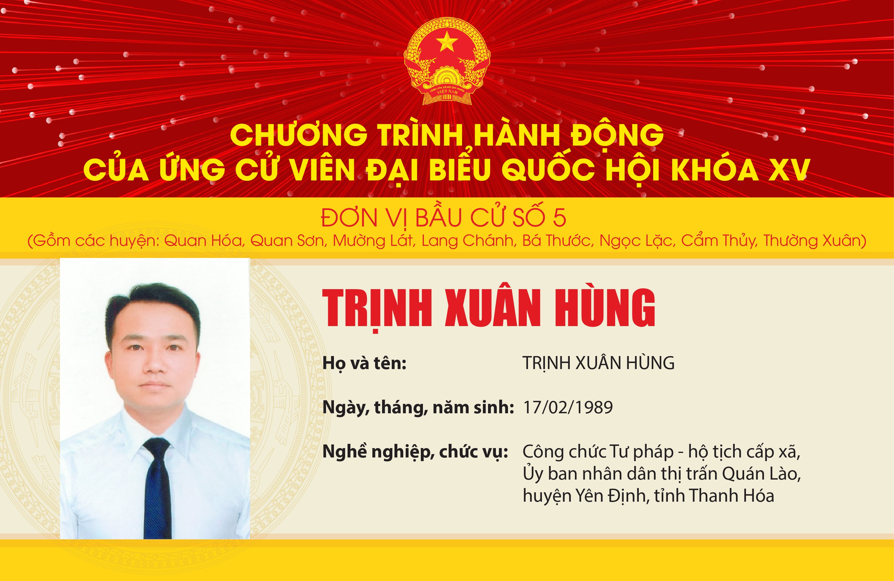 Chương trình hành động m88 link mới nhất Ứng cử viên Đại biểu Quốc hội khóa XV Trịnh Xuân Hùng - Đơn vị bầu cử số 5