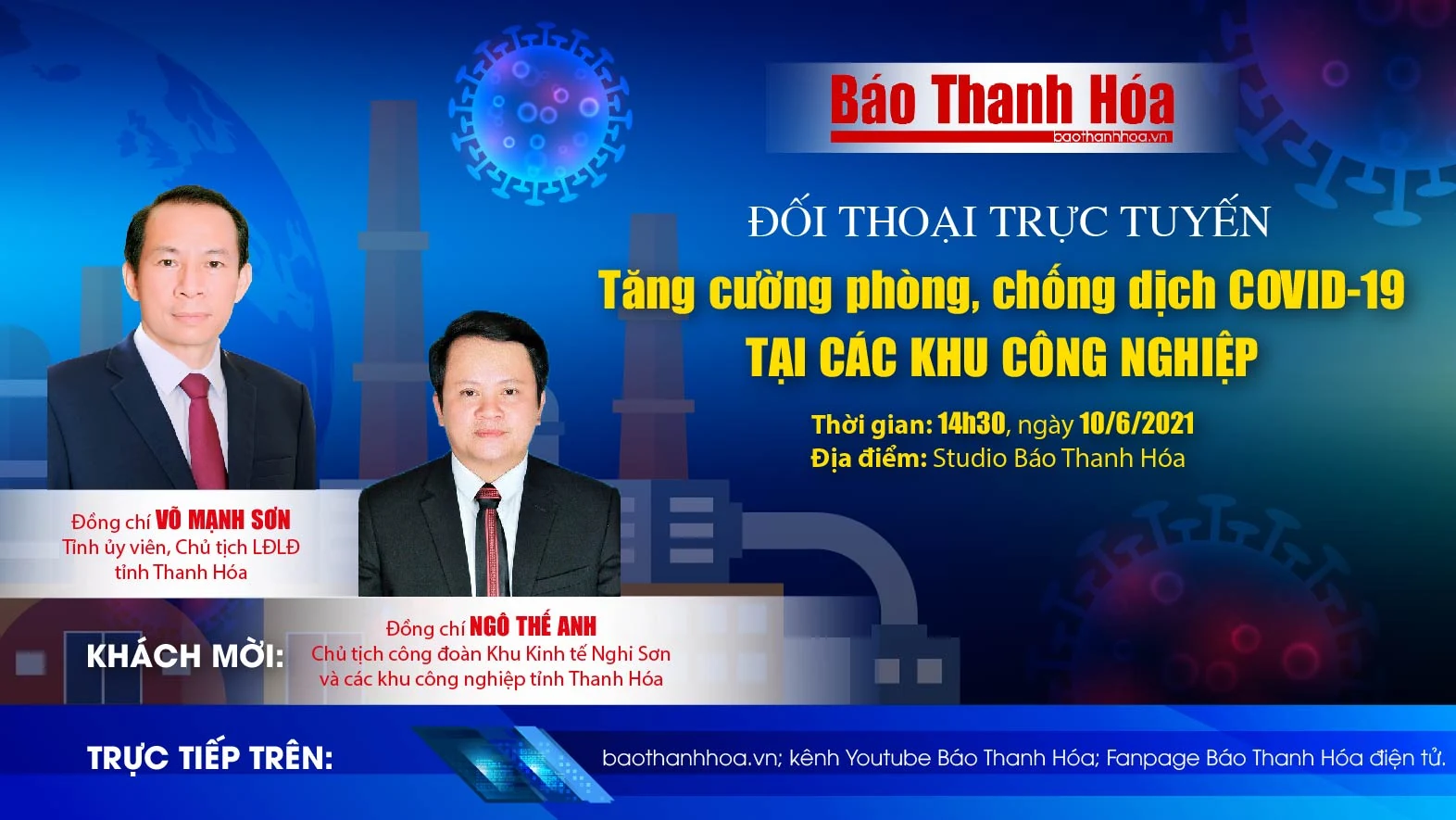 14h30, ngày 10-6-2021: Đối thoại trực tuyến “Tăng cường phòng, chống dịch COVID-19 tại các khu công nghiệp”