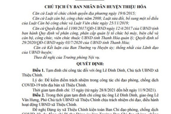 Tạm đình chỉ công tác đối với Chủ tịch UBND xã Thiệu Chính để kiểm điểm trách nhiệm chỉ đạo phòng, chống dịch COVID -19