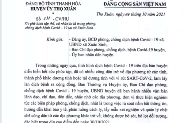 Phê bình tập thể, cá nhân lơ là trong phòng, chống dịch bệnh COVID-19 tại xã Xuân Sinh