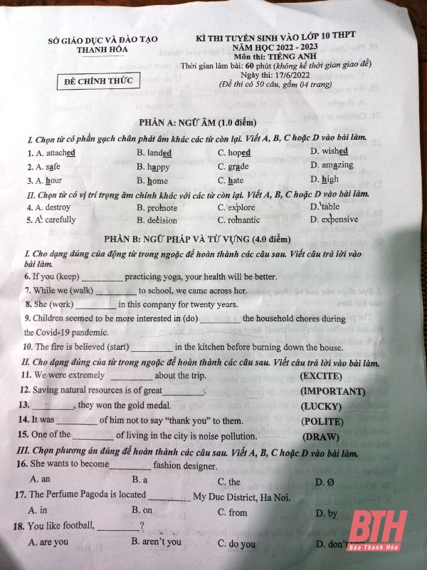 Thi tuyển sinh vào lớp 10 THPT năm học 2022 - 2023: Thí sinh nhận định đề thi môn Tiếng Anh khó kiếm điểm tối đa