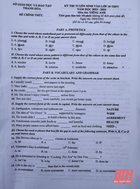 Thí sinh “dễ thở” với đề thi môn Tiếng Anh Kỳ thi tuyển sinh vào lớp 10 THPT