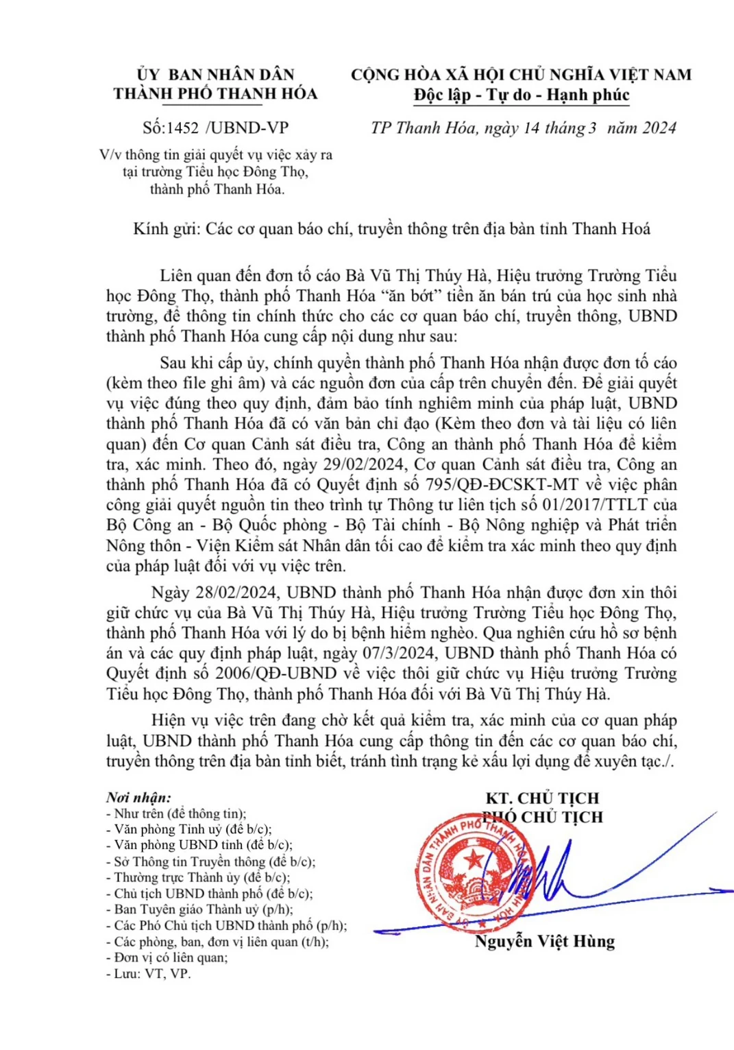 UBND TP Thanh Hóa thông tin về vụ việc xảy ra tại Trường Tiểu học Đông Thọ
