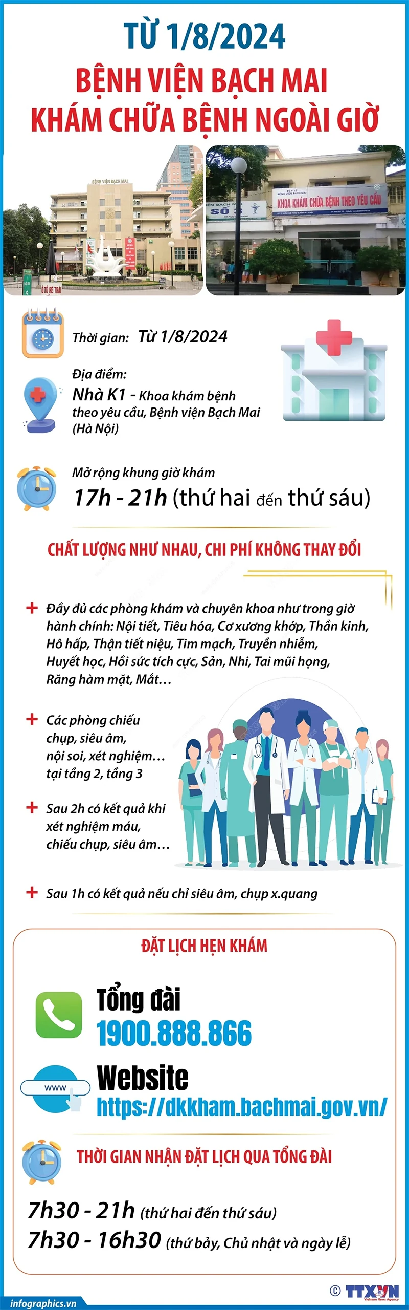 Bệnh viện Bạch Mai khám chữa bệnh ngoài giờ từ ngày 1/8