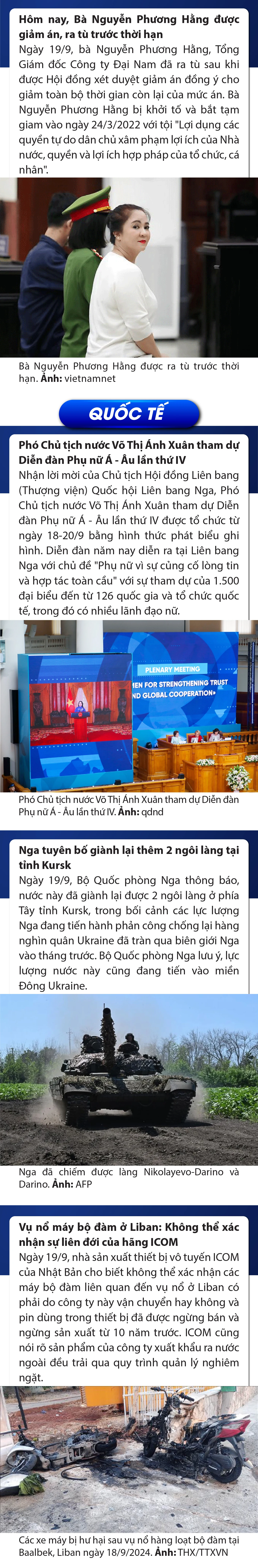 Sự kiện nổi bật trong nước, quốc tế ngày 19/9