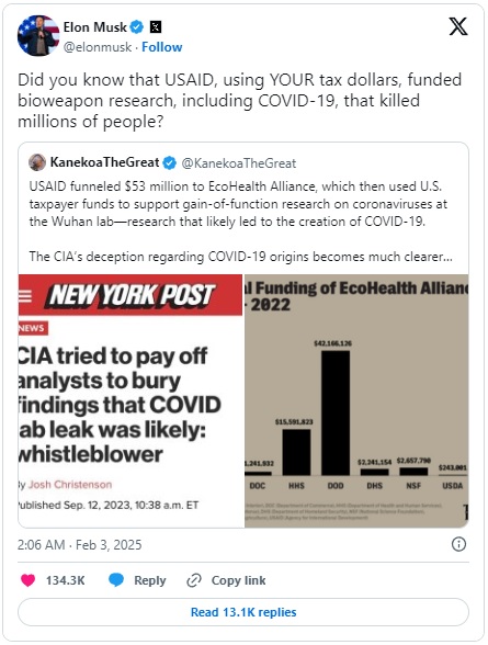 Elon Musk tuyên bố USAID tài trợ nghiên cứu vũ khí sinh học, có khả năng dẫn đến việc tạo ra COVID-19