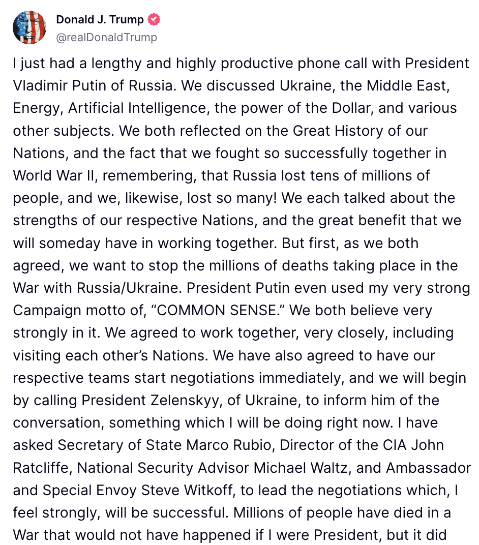 Tổng thống Trump: Mỹ - Nga nhất trí lập tức đàm phán kết thúc xung đột ở Ukraine