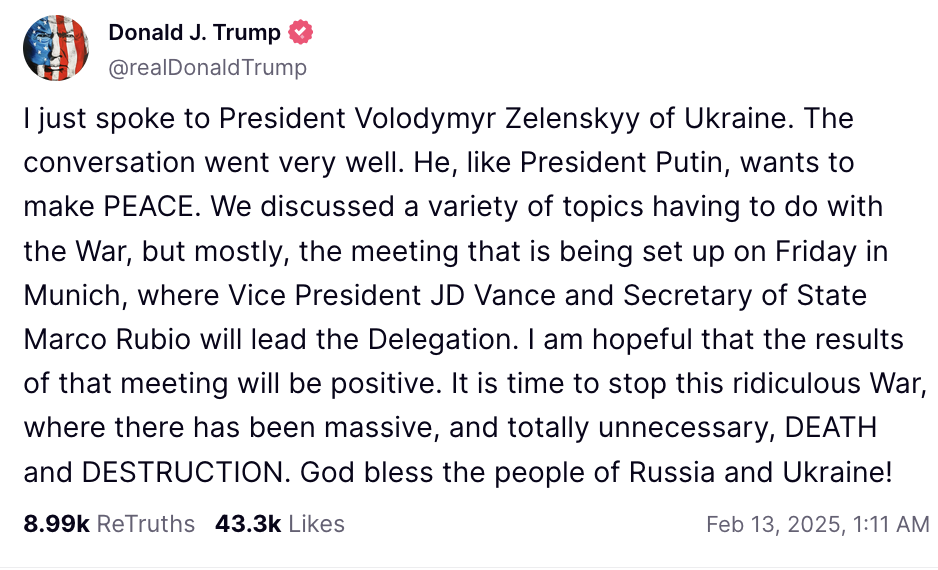 Tổng thống Trump: Mỹ - Nga nhất trí lập tức đàm phán kết thúc xung đột ở Ukraine