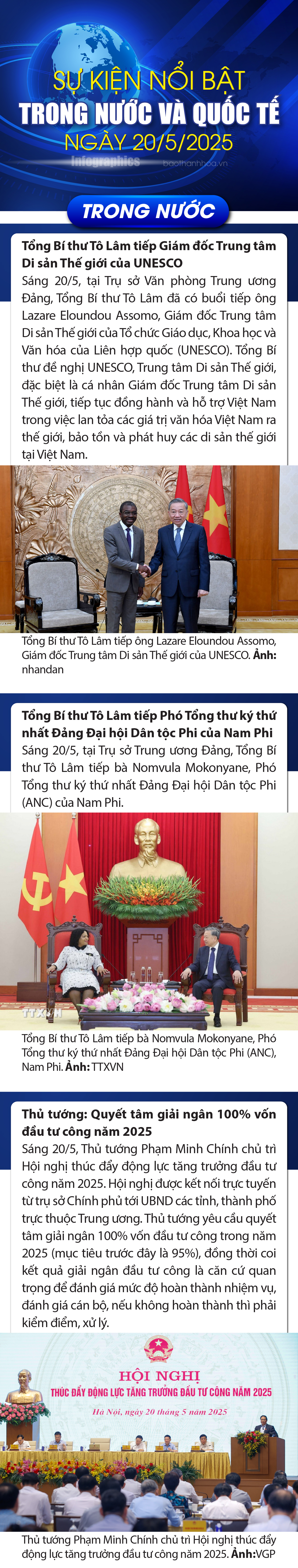 Sự kiện nổi bật trong nước, quốc tế ngày 20/5/2025