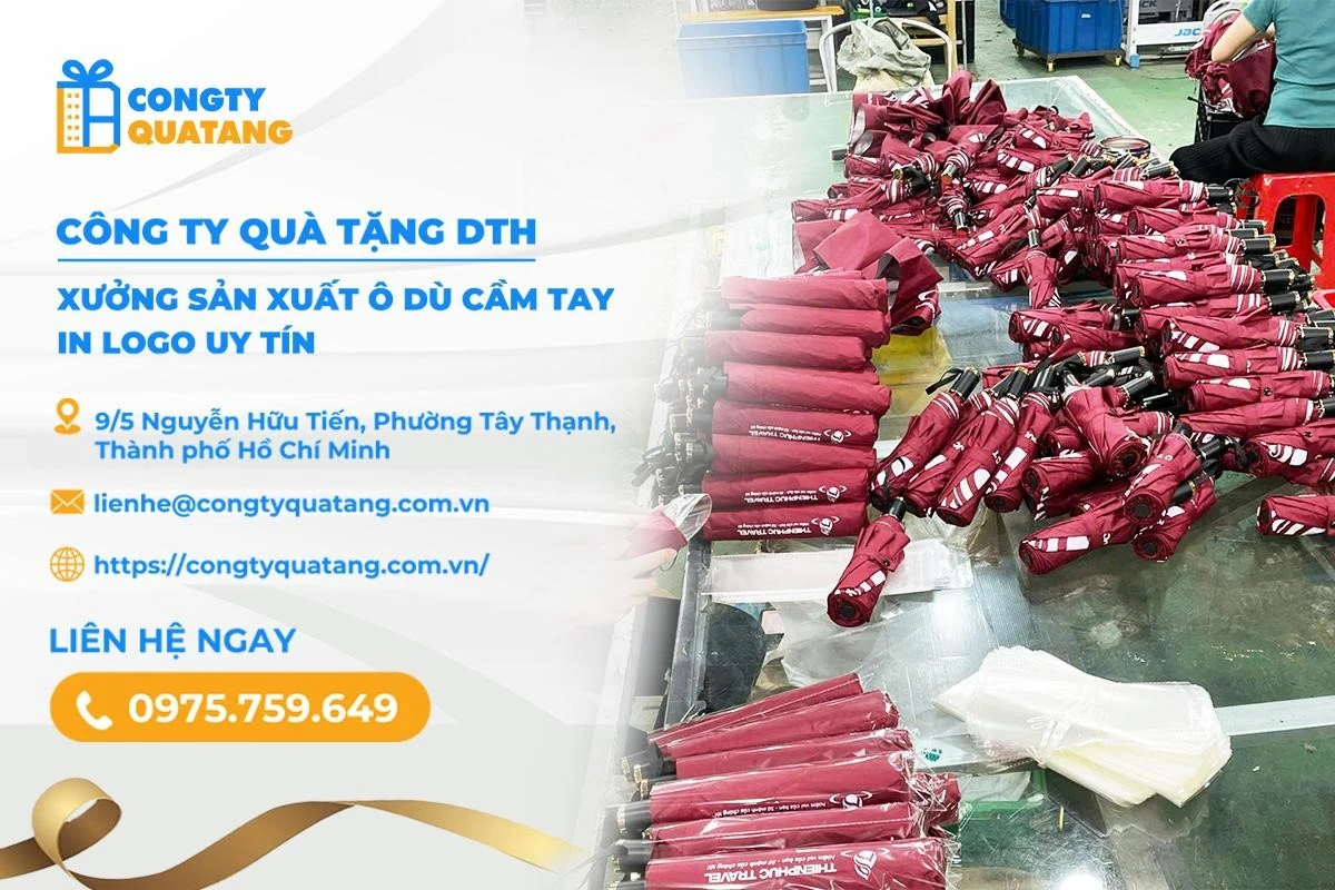 Công ty Quà tặng DTH: Sản xuất ô dù cầm tay vao m88 logo uy tín, chất lượng
