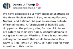 Tổng thống Trump thông báo Mỹ không kích 3 cơ sở hạt nhân tại Iran