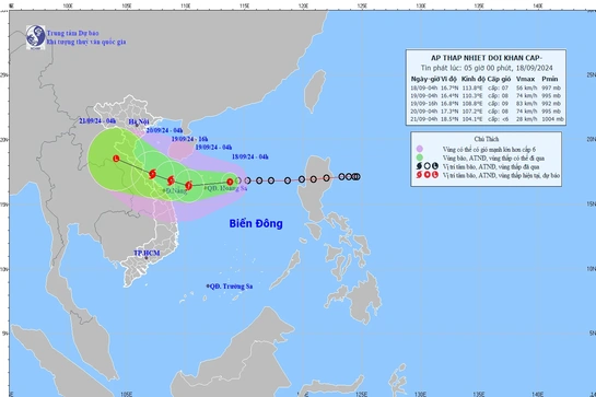 Áp thấp nhiệt đới cách quần đảo Hoàng Sa khoảng 250km