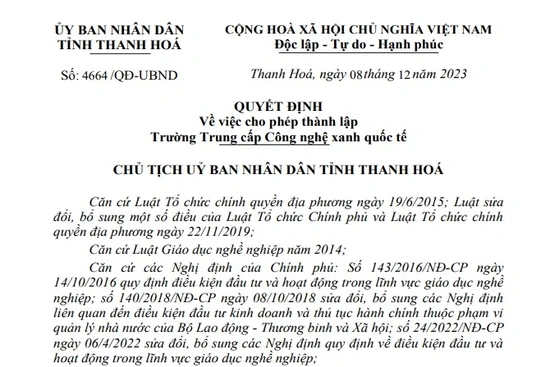 Thanh Hóa cho phép thành lập Trường Trung cấp Công nghệ xanh quốc tế