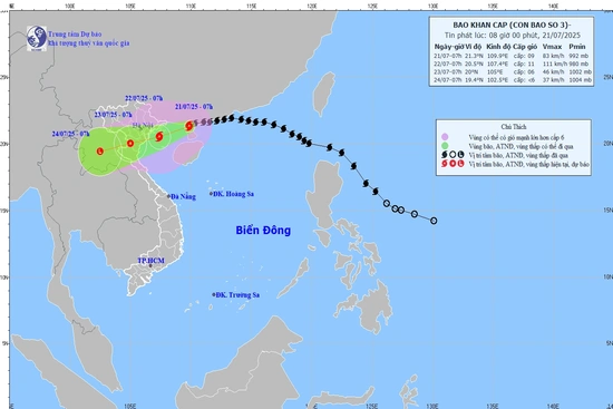 Bão số 3 cách Quảng Ninh - Hải Phòng khoảng 220km, giật cấp 11