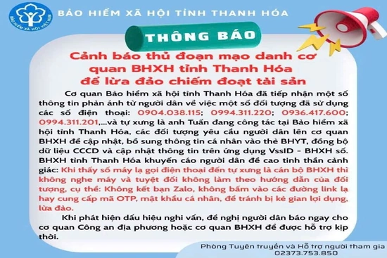 Cảnh báo thủ đoạn mạo danh cơ quan BHXH tỉnh Thanh Hóa để lừa đảo
