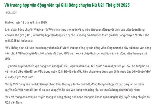 VFV khiếu nại về vận động viên không đủ điều kiện tham gia Giải U21 Thế giới
